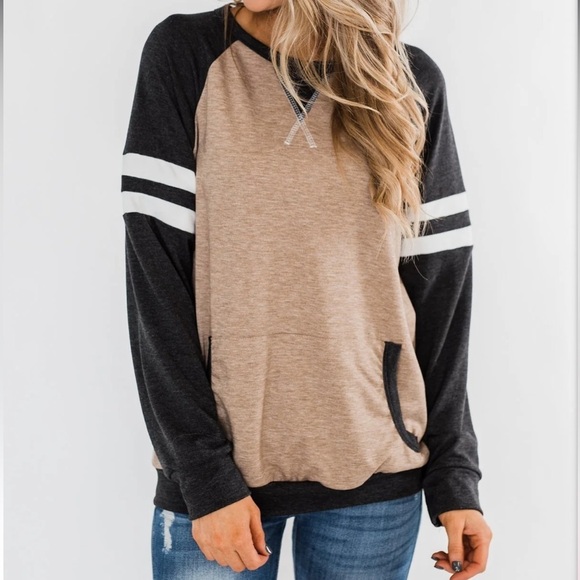 Raglan Long Sleeve Varsity‎ Striped Top Charcoal & Mocha - Picture 5 of 10